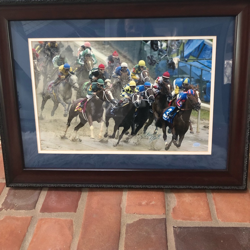 Smarty Jones winner of 2004 Kentucky Derby. Framed color photograph.